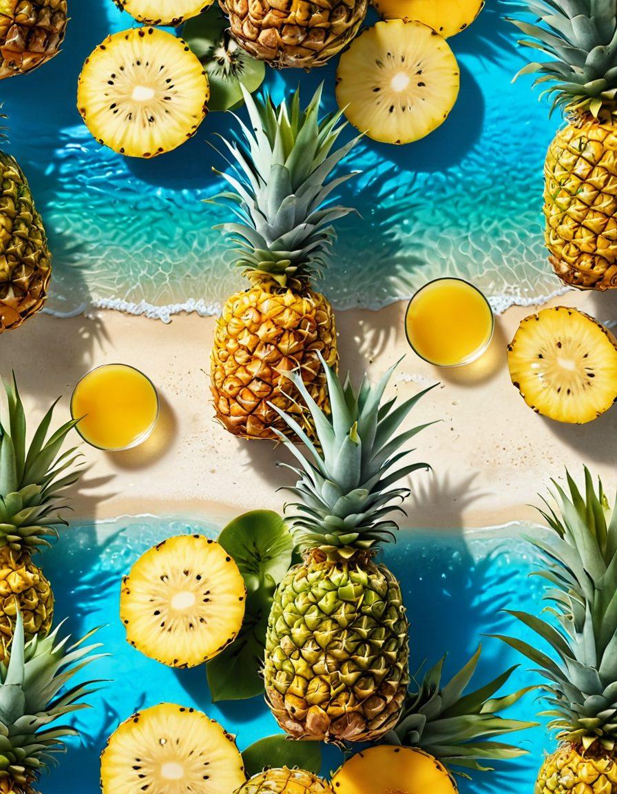 A vibrant and colorful scene featuring a tropical pineapple surrounded by a variety of fruits such as bananas, mangoes, and kiwi. The background showcases a sunny beach with crystal-clear water, enhancing the tropical vibe. Include a refreshing glass of freshly squeezed pineapple juice with ice cubes and a slice of pineapple on the rim. The composition should exude a sense of joy and refreshing delight, evoking the essence of summer. super-realistic. vibrant colors. sunny beach background.
