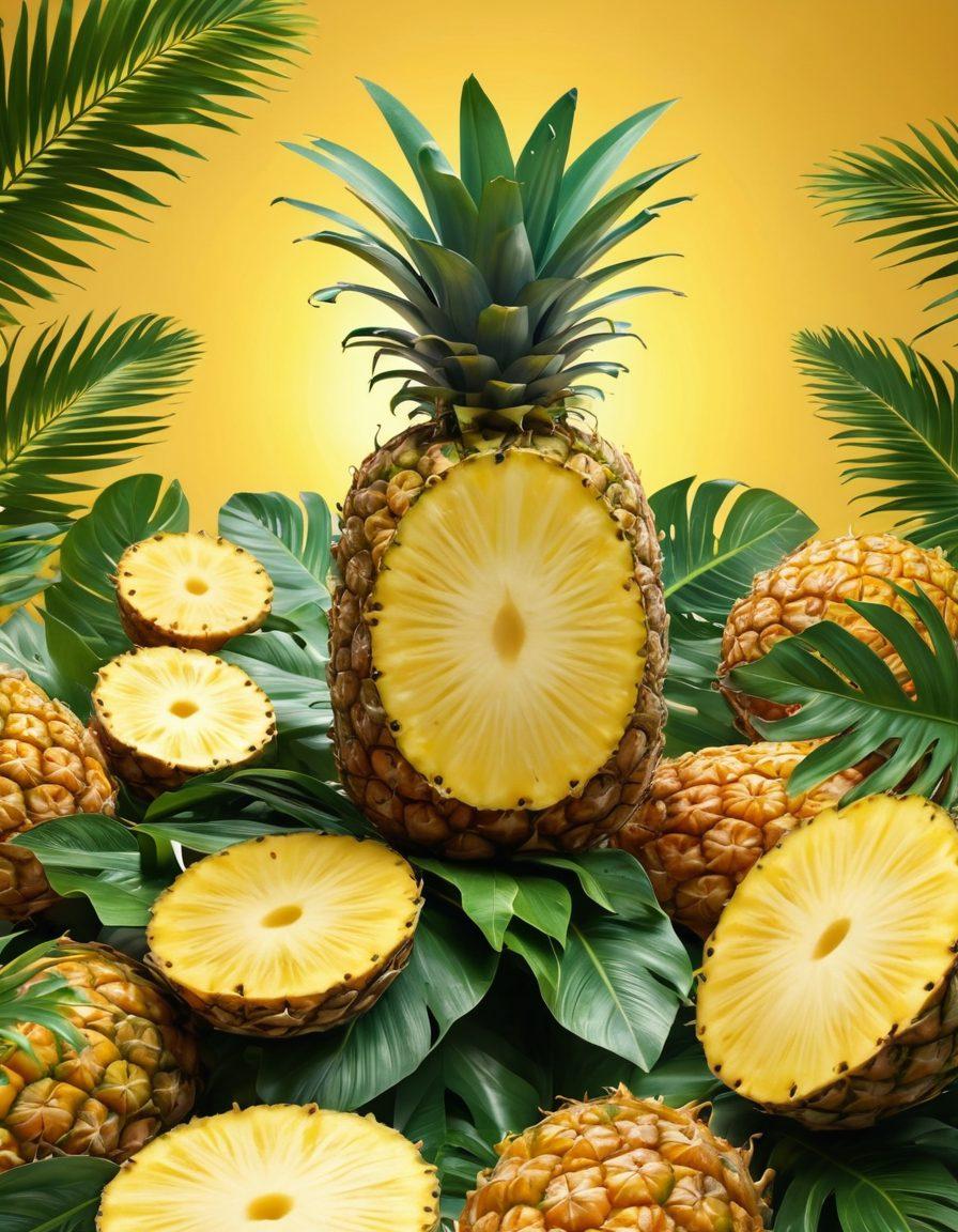 A vibrant, sunlit tropical scene featuring a ripe pineapple at the center, surrounded by slices of pineapple and leaves, radiating warmth and positivity. Bright, cheerful colors fill the background with a sunbeam effect enhancing the joyful atmosphere. Include playful, smiling characters enjoying the pineapple in a lush garden setting. super-realistic. vibrant colors. 3D.