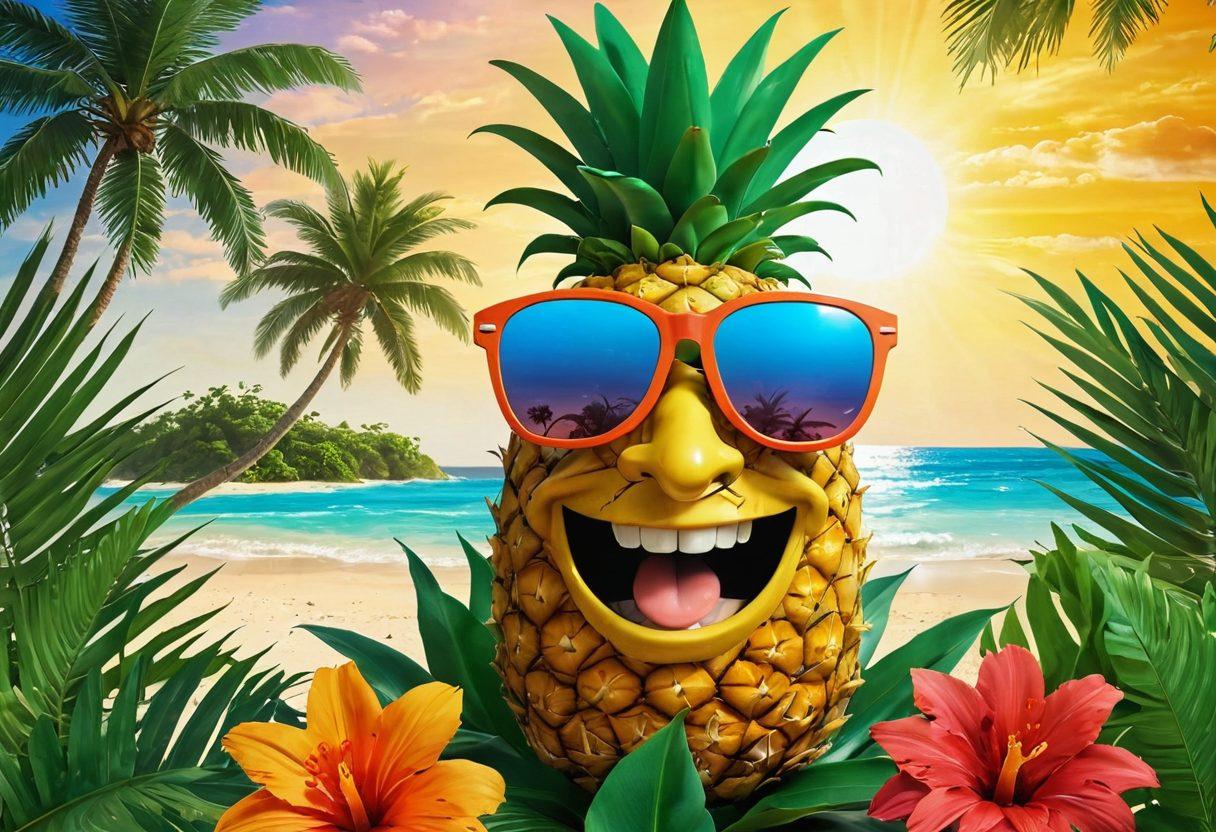 A bright and colorful tropical scene featuring a smiling pineapple wearing sunglasses, surrounded by cheerful sun rays. Include lush green palm trees and vibrant flowers in the background, along with a serene beach setting. The atmosphere should exude joy and happiness, inviting viewers to feel a sense of positivity. Cartoonish style with bold, lively colors.
